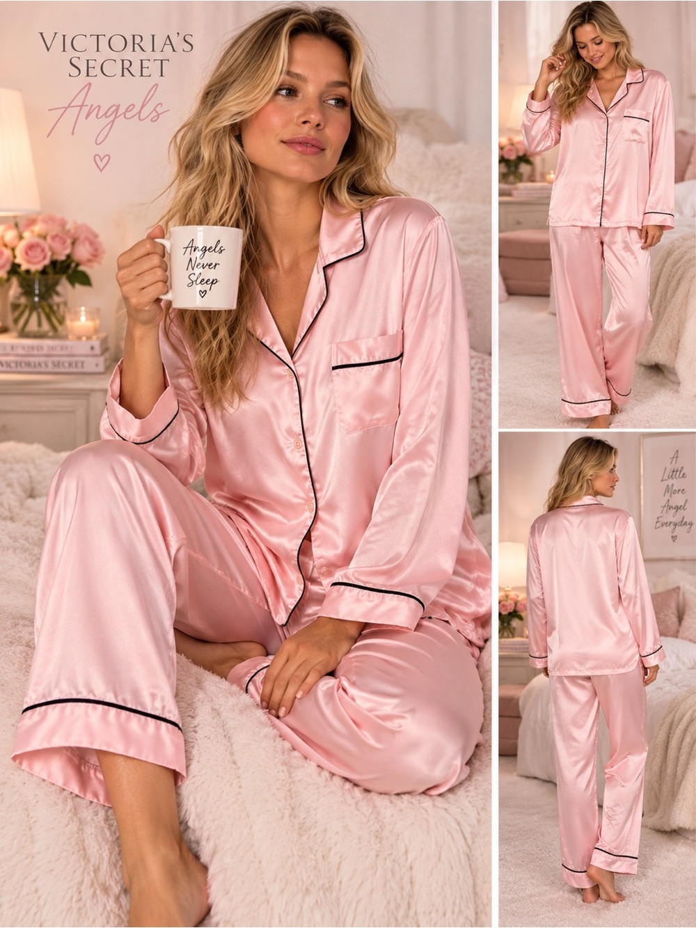 Vintage Y2K Victoria’s Secret Angels Pink Satin Classic Pajama Set Black Piping